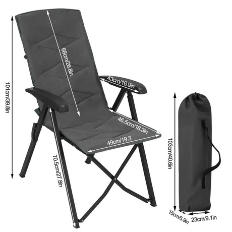 BukkitBow opvouwbare campingstoel met mesh stof, metalen frame en verstelbare rugleuning, draagvermogen van 150 kg.