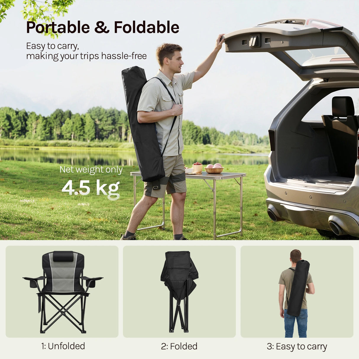 BukkitBow opvouwbare campingstoel met hoge rugleuning en koelvak, ideaal voor outdoor gebruik, in groen en zwart.