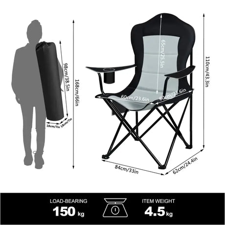 BukkitBow opvouwbare campingstoel met oxford doek, bekerhouder, zijvak, ijzeren frame, comfortabele en ruimtebesparende design