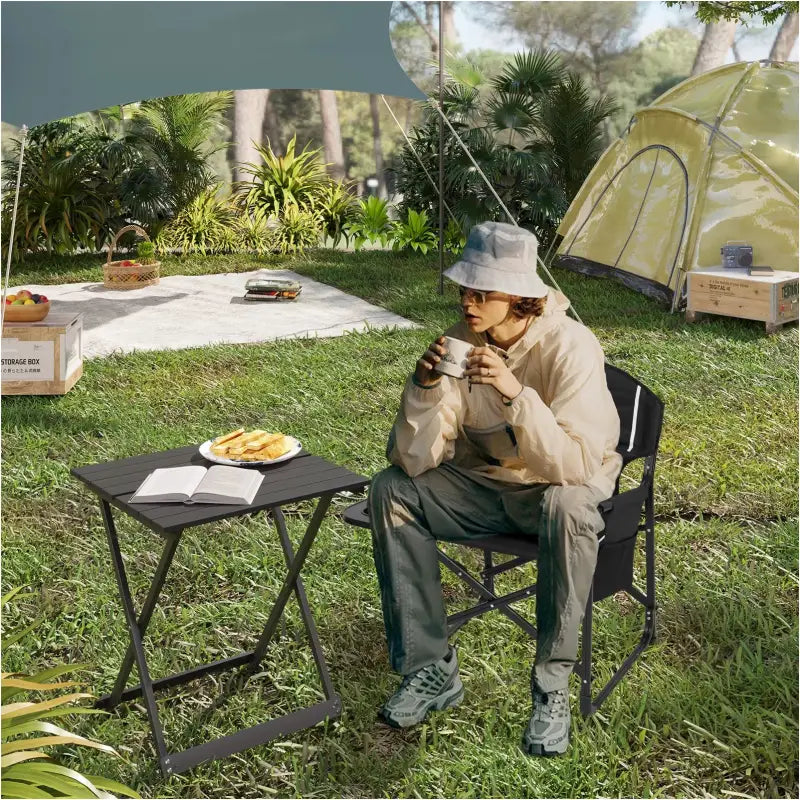 BukkitBow opvouwbare campingstoel met versterkt aluminium frame, Oxford stof, inclusief tafeltje en bekerhouder, 150 kg draagvermogen