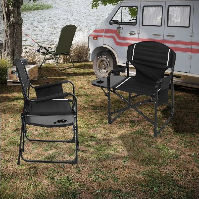 BukkitBow opvouwbare campingstoel met versterkt aluminium frame, Oxford stof, inklapbaar tafeltje en bekerhouder, 150 kg draagvermogen
