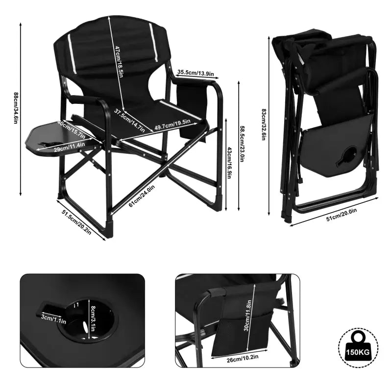BukkitBow opvouwbare campingstoel met versterkt aluminium frame, oxford stof, tafeltje en bekerhouder, tot 150 kg draagvermogen