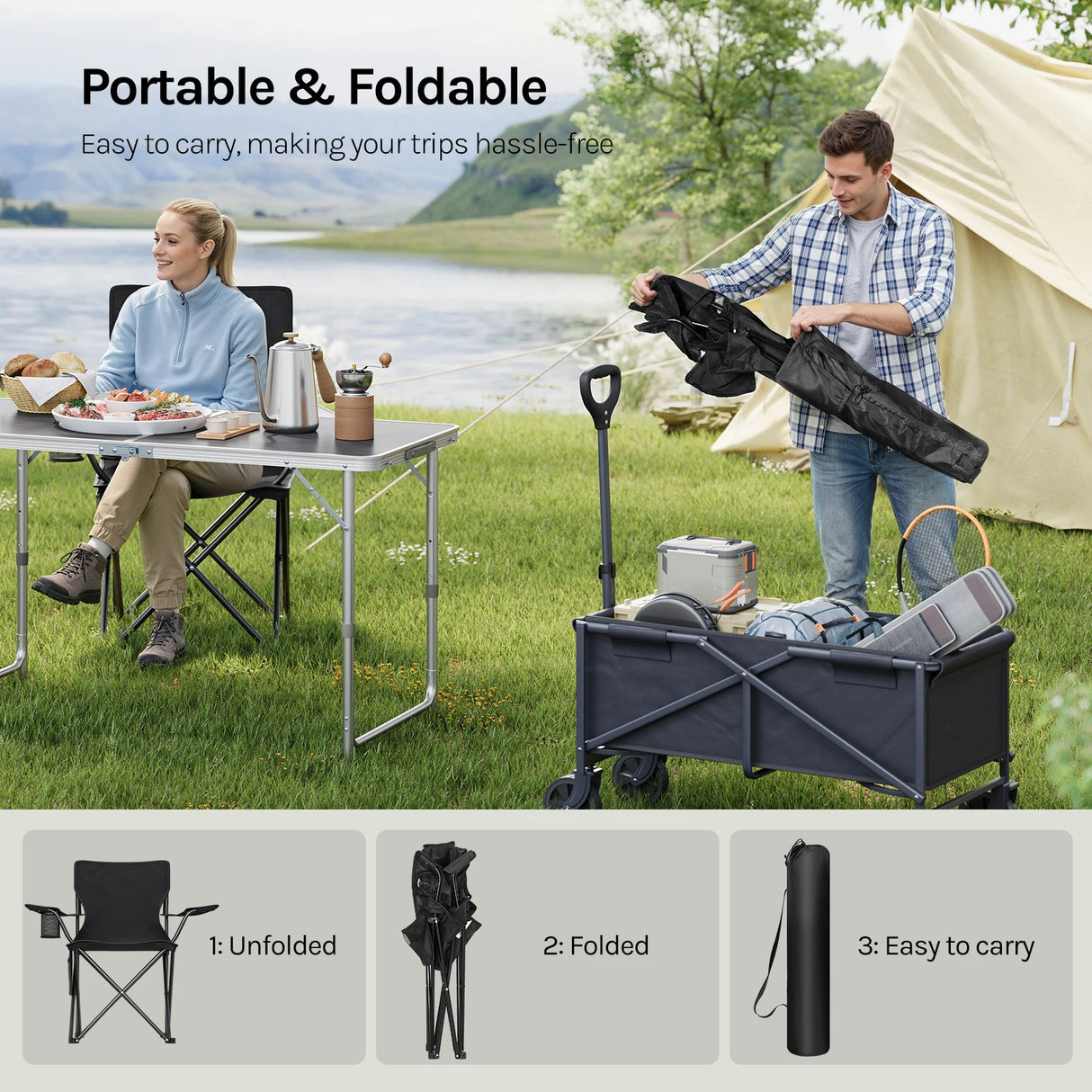 Set van 2 opvouwbare campingstoelen van BukkitBow met bekerhouder en draagtas, geschikt voor kamperen en outdoor gebruik.