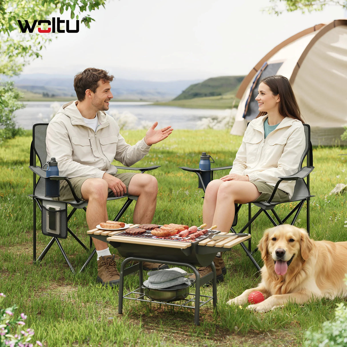 Set van 2 opvouwbare BukkitBow campingstoelen met bekerhouder en draagtas, lichte en comfortabele outdoor zitplaatsen
