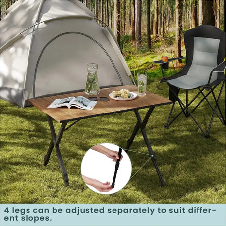 BukkitBow opvouwbare campingtafel met aluminium en kunststof, verstelbare hoogte, houtlook, draagvermogen 50 kg, ideaal voor kamperen