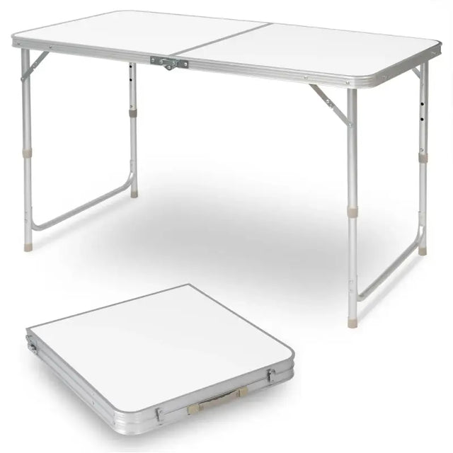BukkitBow opvouwbare campingtafel met aluminium frame en MDF blad, verstelbare hoogte, draagbaar handvat, 120x55-70x60 cm