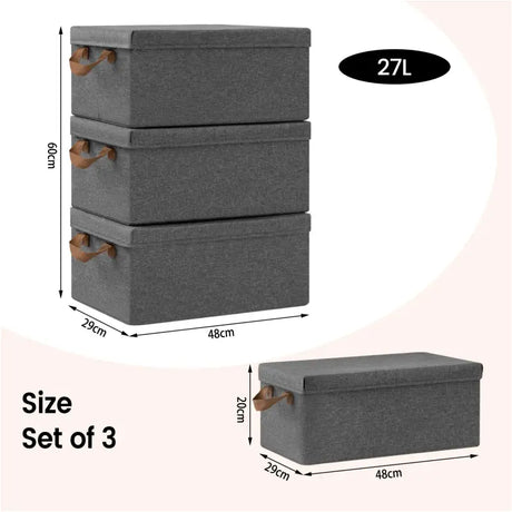 Set van 3 grijze BukkitBow opvouwbare opbergdozen met deksels en handvatten, gemaakt van polyester en metaal.