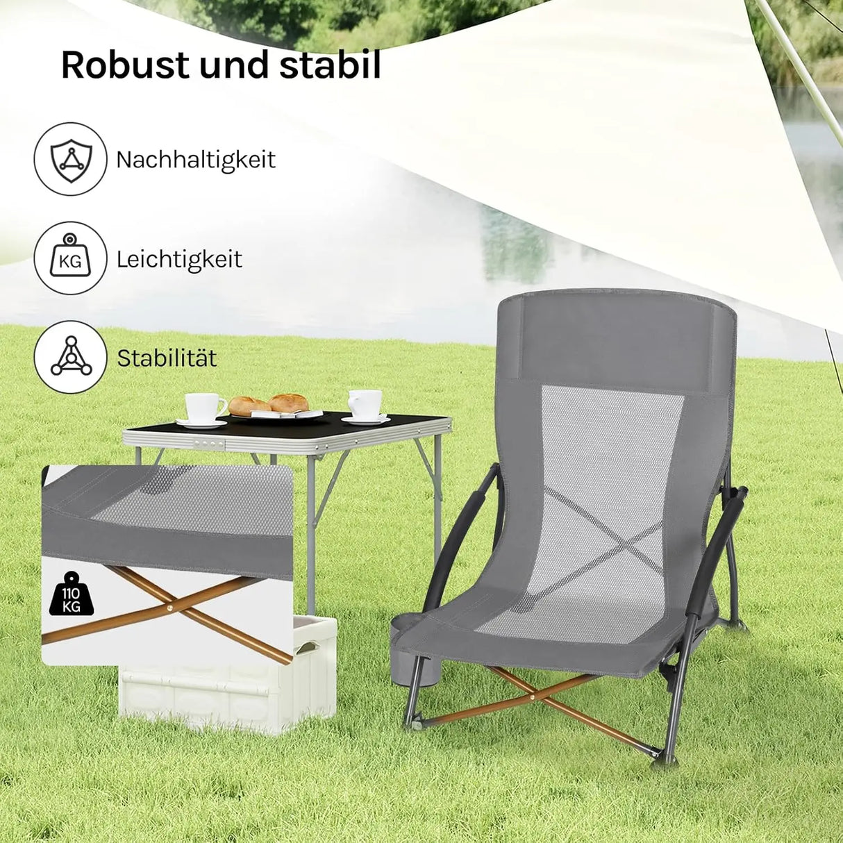 BukkitBow opvouwbare strandstoel met bekerhouder en draagtas, inclusief armleuning en comfortabele zitting, ideaal voor aan het strand.