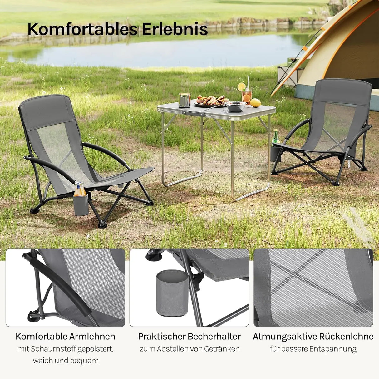 BukkitBow opvouwbare strandstoel met bekerhouder en draagtas, lichtgewicht en comfortabel voor op het strand