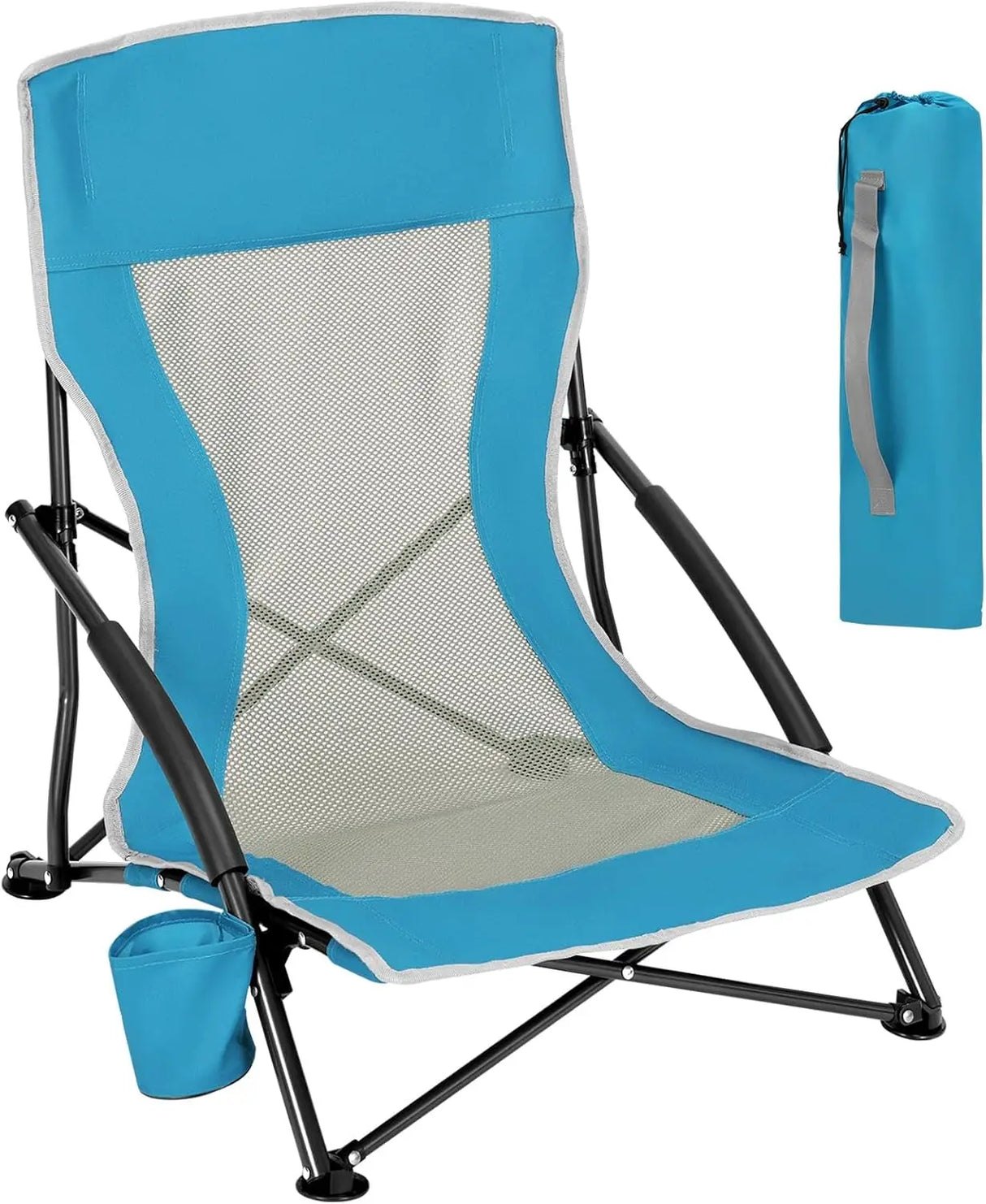 BukkitBow opvouwbare strandstoel met bekerhouder en draagtas, lichtgewicht en comfortabel voor op het strand.