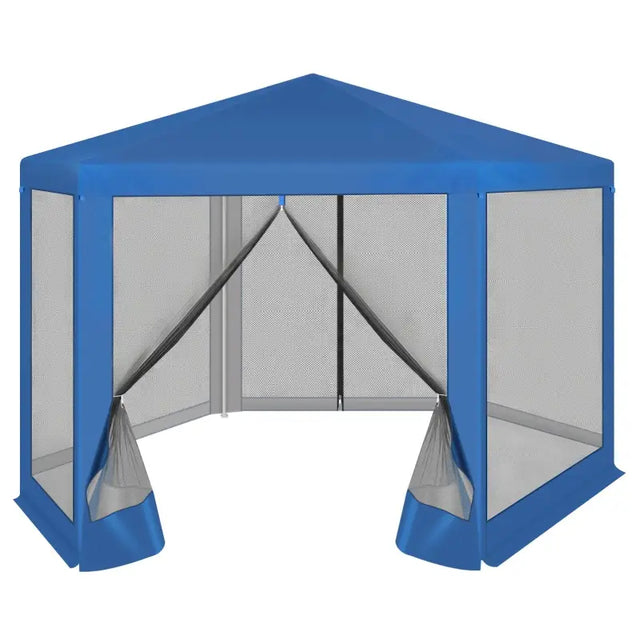 BukkitBow partytent met zijwanden, zeshoekig, opvouwbaar, blauw, zonbestendig met vliegenhor, geschikt voor tuin 380x360 cm