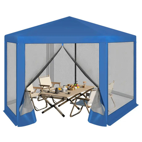 BukkitBow partytent met zijwanden, zeshoekig, blauw, opvouwbaar tuinpaviljoen met zonbestendige stof en vliegenhor, 380x360 cm