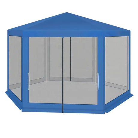 BukkitBow partytent met zijwanden, zeshoekig, blauw, inklapbaar, zonbestendig en met vliegenhor, 380x360 cm voor tuin en evenementen.