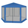 BukkitBow partytent met zijwanden, zeshoekig, blauw, inklapbaar, zonbestendig en met vliegenhor, 380x360 cm voor tuin en evenementen.