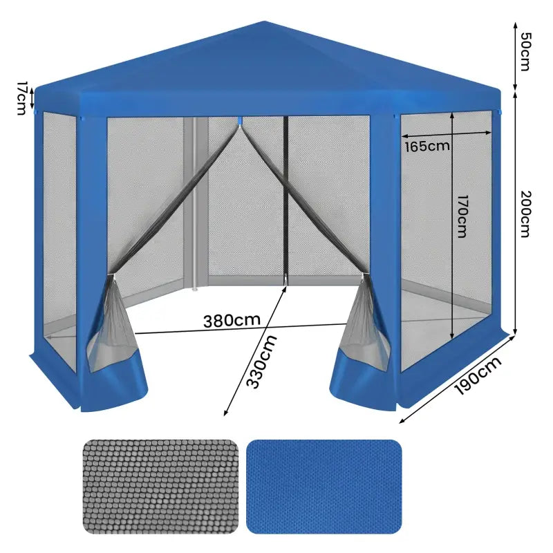BukkitBow partytent met zijwanden en vliegenhor, zeshoekig, blauw, opvouwbaar, zonbestendig, tuinpaviljoen 380x360 cm
