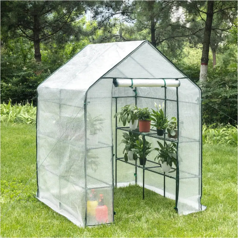 BukkitBow polytunnel tuinkas voor groenten, winterproof, compact met groot luik en drie bloemenplanken, afmetingen 143x143x195 cm.