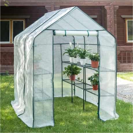 BukkitBow polytunnel tuinkas voor groenten teelt, compact met groot luik en drie bloemenplanken, 143x215x195 cm.
