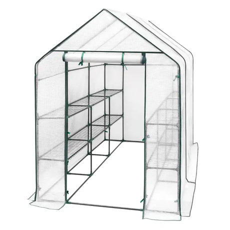 BukkitBow polytunnel tuinkas voor groenten, winterproof, compact met groot luik en drie bloemenplanken, 143x215x195 cm