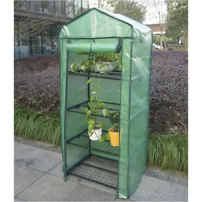 BukkitBow polytunnel tuinkas met groot luik en 4 bloemenplanken, winterbestendig, compact formaat 69x49x158 cm, ideaal voor groenten.