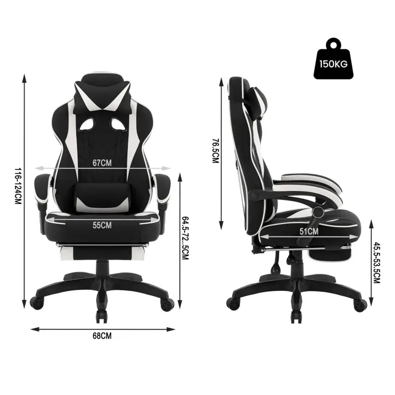 BukkitBow racegamingstoel van fluweel met rugkussen, nekkussen en voetensteun, hoogte 49 cm, geschikt voor gamen en comfortabel zitten.
