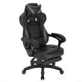 BukkitBow racing gamestoel met stoffen of leren bekleding, rug- en neksteun, voetsteun, hoogte 45-52 cm, voor gaming en kantoorgebruik.