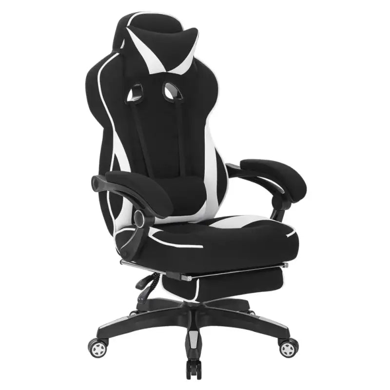 BukkitBow racing gamestoel met stoffen of leren bekleding, rug- en neksteun, voetsteun, hoogte 45-52 cm, voor gaming.