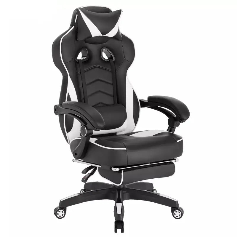 BukkitBow racing gamestoel met stof of leer, rug- en nekkussen, voetsteun, hoogte 45-52cm, voor comfortabel gaming.