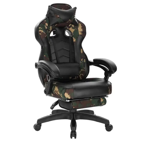 BukkitBow Racing gamestoel van stof of leer met rug- en nekkussen, voetensteun, verstelbare hoogte 45-52 cm.