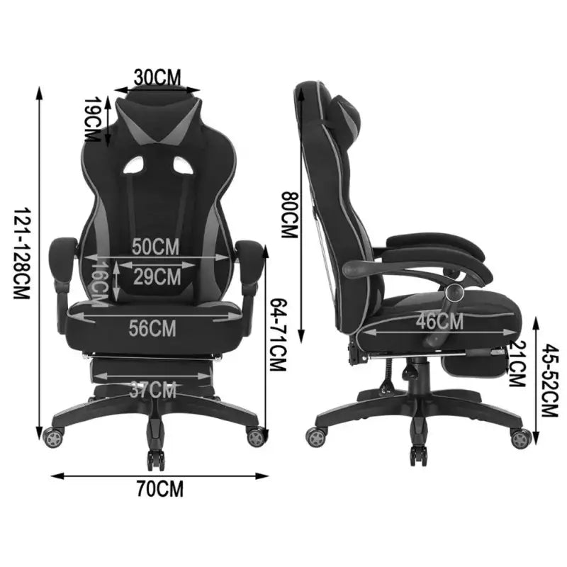 BukkitBow Racing gaming stoel van stof of leer met rug- en nekkussen, voetsteun, verstelbare hoogte 45-52 cm.