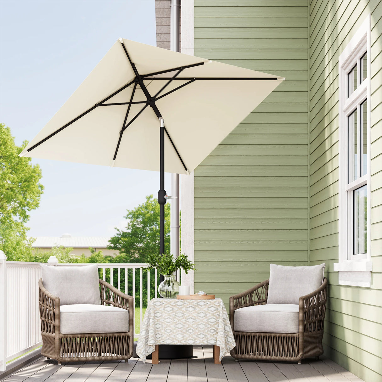 Rechthoekige BukkitBow parasol met slinger en kantelfunctie, 200x135cm, voor schaduw en comfort buiten.