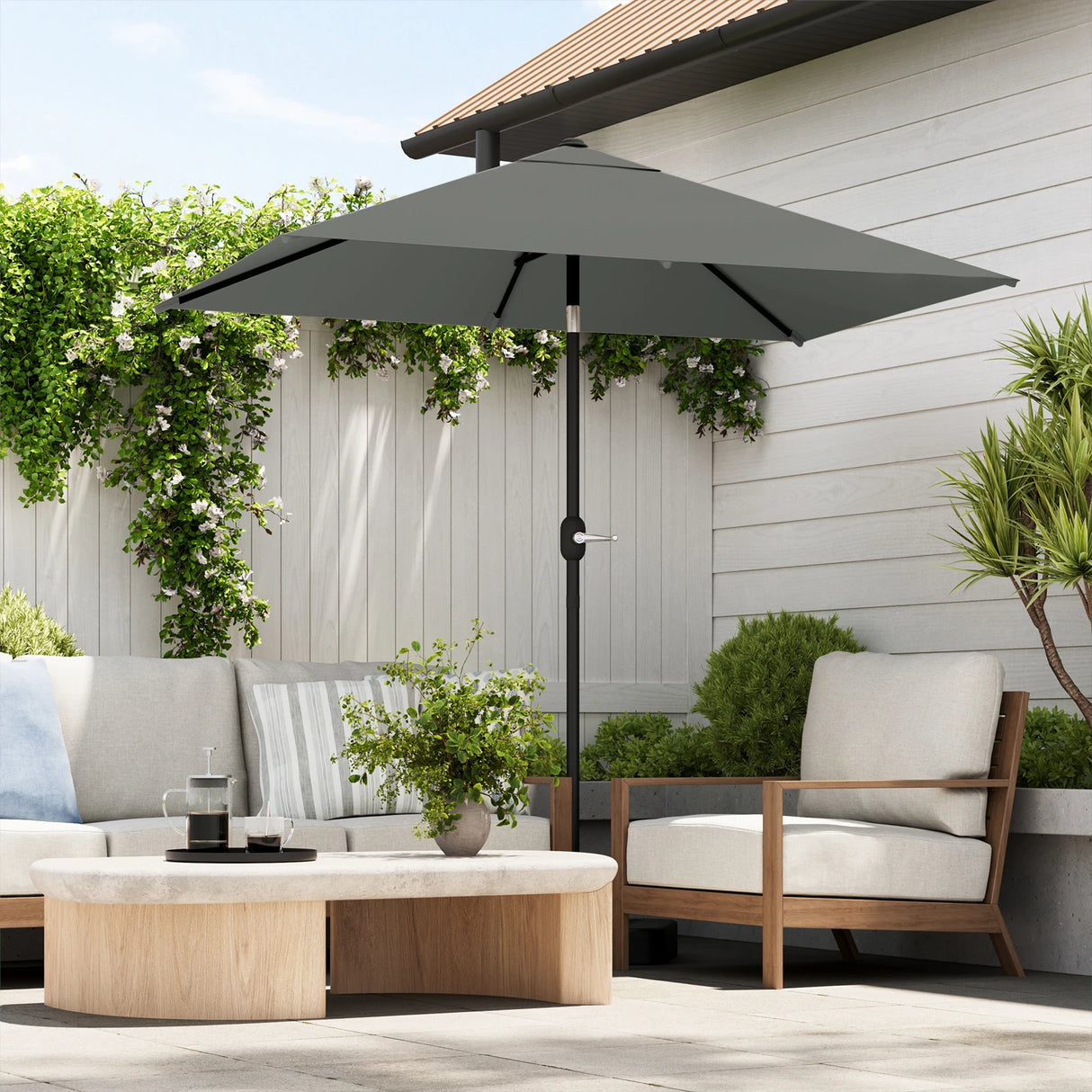 Rechthoekige BukkitBow parasol met slinger en kantelfunctie, 200x135cm, voor schaduw en comfort buiten.