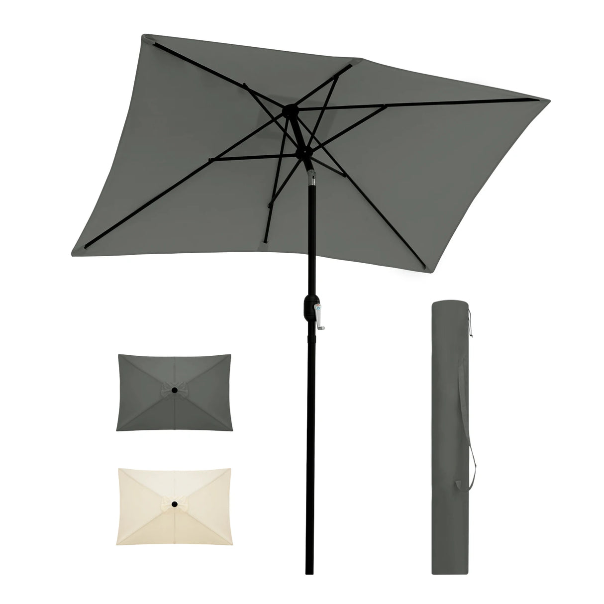 Rechthoekige BukkitBow parasol met slinger en kantelfunctie, 200x135cm, voor schaduw en comfort buiten.