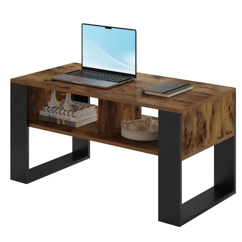 Robuuste BukkitBow salontafel van licht of donker hout met ruime opbergmogelijkheden, modern design, bijzettafel voor woonkamer.