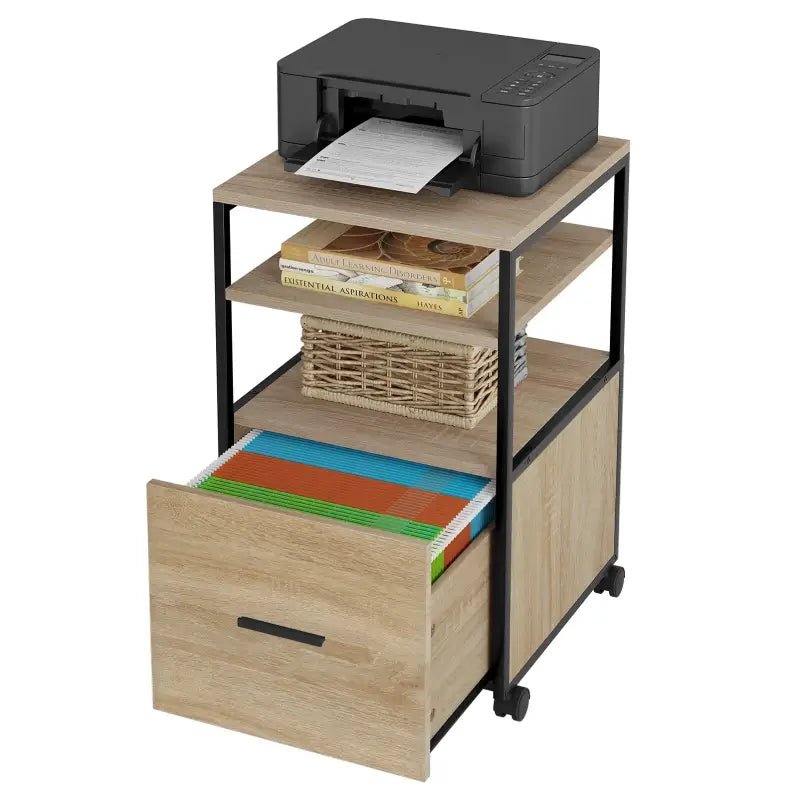 Verrijdbare BukkitBow rolcontainer met 1 lade en 2 open vakken, afmetingen 40x40x66cm, stevige archiefkast voor kantoor.
