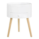 Rond BukkitBow nachtkastje van MDF en massief hout met lade en openende klep, 38x38x50cm, maximale belasting 10kg.