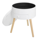 Rond BukkitBow nachtkastje van MDF en massief hout met lade en openende klep, 38x38x50cm, maximaal 10kg draagvermogen.