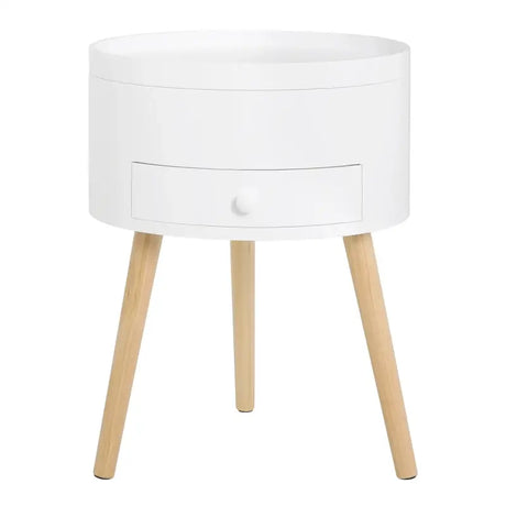 Rond BukkitBow nachtkastje van MDF en massief hout met lade en openende klep, afmeting 38x38x50cm, tot 10kg belastbaar.