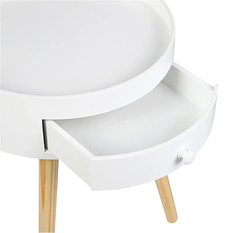 Rond BukkitBow nachtkastje van MDF en massief hout met lade, afmetingen 38x38x45,5 cm, geschikt tot 10 kg, Scandinavisch design