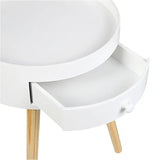 Rond BukkitBow nachtkastje van MDF en massief hout met lade, afmetingen 38x38x45,5 cm, geschikt tot 10 kg, Scandinavisch design