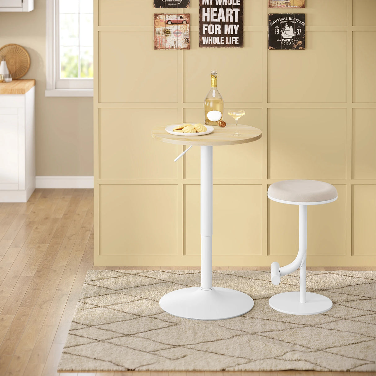 BukkitBow ronde metalen bartafel met verstelbare hoogte, ideaal voor bistro of bar, modern design en stabiel.