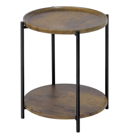 Ronde BukkitBow bijzettafel van eikenhout met dubbele plank en afneembaar dienblad, vintage stijl, 40 cm doorsnede