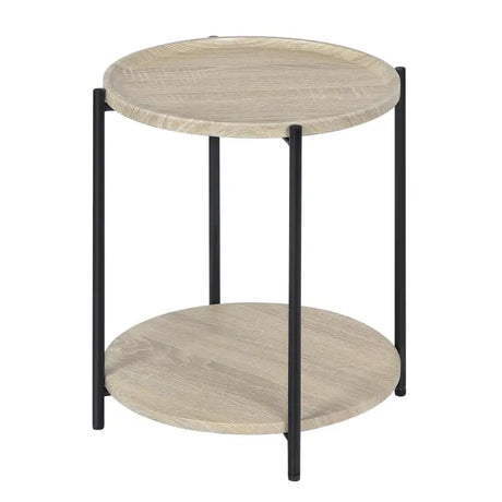 Ronde BukkitBow bijzettafel van eikenhout met dubbele plank, afneembaar dienblad en opstaande rand, 40 cm doorsnede, vintage stijl