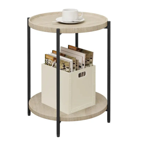 Ronde BukkitBow bijzettafel van eikenhout met dubbele plank en afneembaar dienblad, vintage stijl, 40 cm doorsnede.