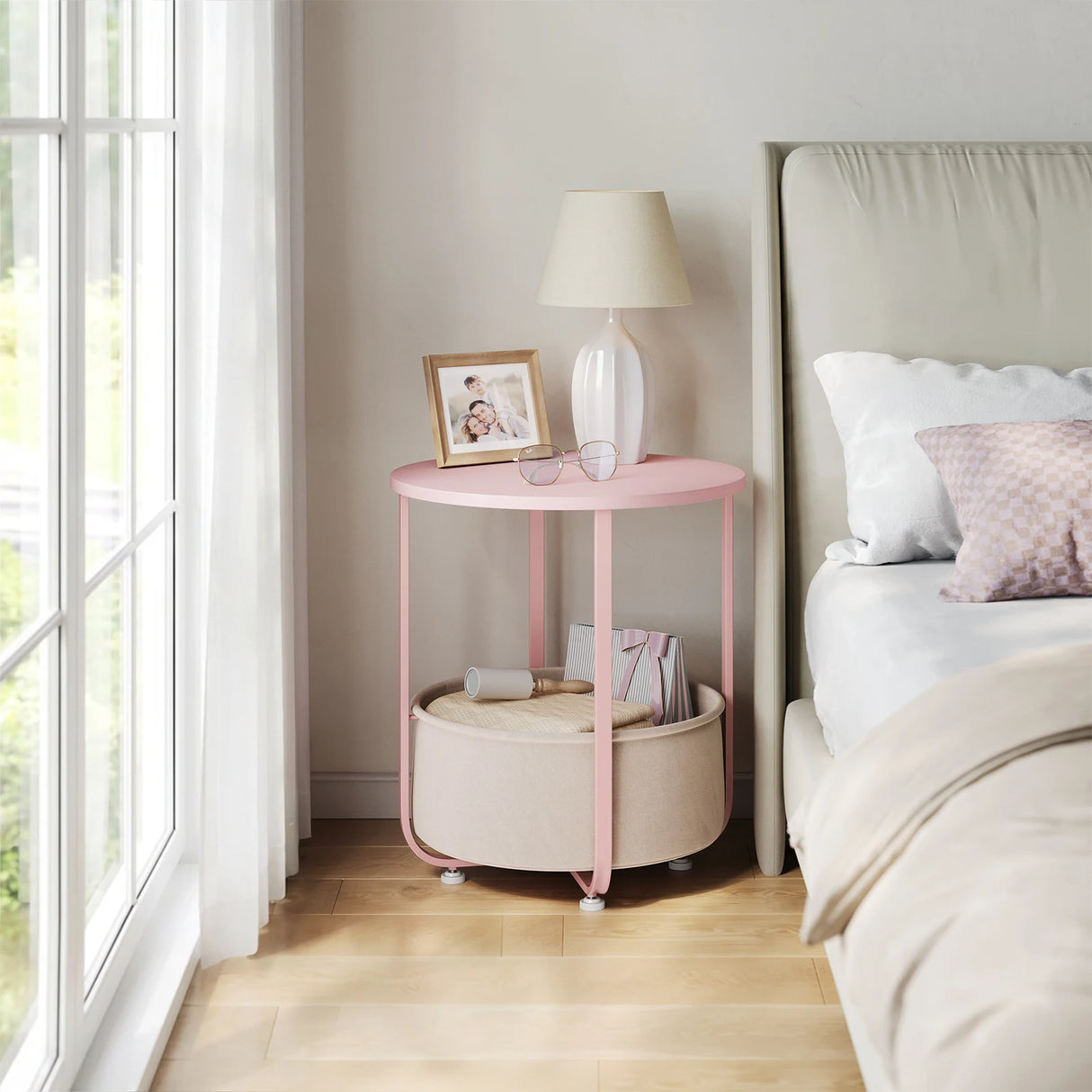 Ronde BukkitBow bijzettafel met stoffen opbergmand en metalen frame, modern design, geschikt voor woonkamer of slaapkamer