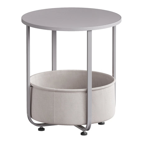 Ronde BukkitBow bijzettafel met stoffen opbergmand en metalen frame, modern en functioneel design voor woonkamer of slaapkamer
