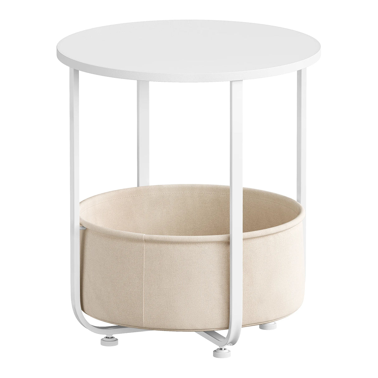Ronde BukkitBow bijzettafel met stoffen opbergmand en metalen frame, modern en stijlvol voor in de woonkamer