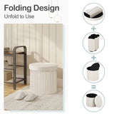 Ronde BukkitBow opbergpoef met zitkist en deskel, vouwbare voetenbank met opbergruimte, afmeting 38x38x36 cm, in neutrale kleur