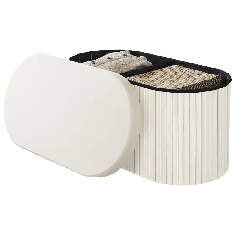 Ronde compacte opbergpoef van BukkitBow met zitkist, deskel en opbergruimte, in wit en grijs, 38x38x36 cm.