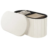 Ronde compacte opbergpoef van BukkitBow met zitkist, deskel en opbergruimte, in wit en grijs, 38x38x36 cm.