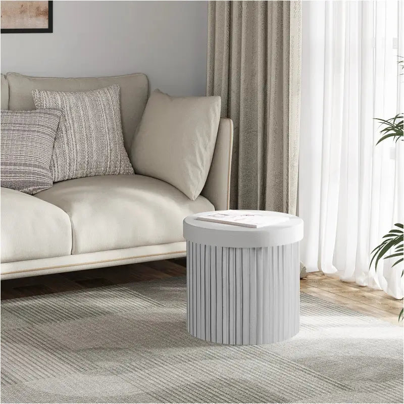 Ronde BukkitBow opbergpoef met zitkist en voetenbank, compact en opvouwbaar, 38x38x36 cm, met opbergruimte.